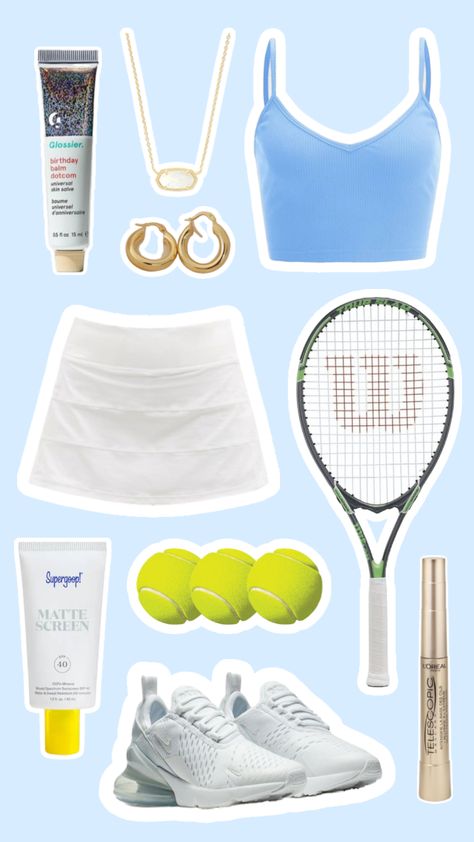 Preppy tennis fit Preppy Exercise Outfits, Tennis Preppy Outfits, Cute Tennis Fits, Preppy Sports Outfits, Tennis Inspired Outfit, Preppy Tennis Outfit, Tennis Outfit Preppy, Preppy Camp, Tennis Essentials