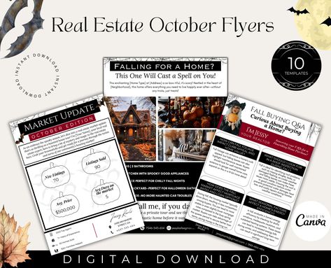 October Real Estate Flyers| Halloween Real Estate flyer Templates | Fall Realtor Marketing| Canva Flyer Templates| Autumn Flyer Bundle October Real Estate, Real Estate October Posts, Fall Real Estate Postcards, Halloween Real Estate, Halloween Booking Flyer, Halloween Flyer Template Free, Real Estate Marketing Flyers, Open House Invitation, Canva Flyer