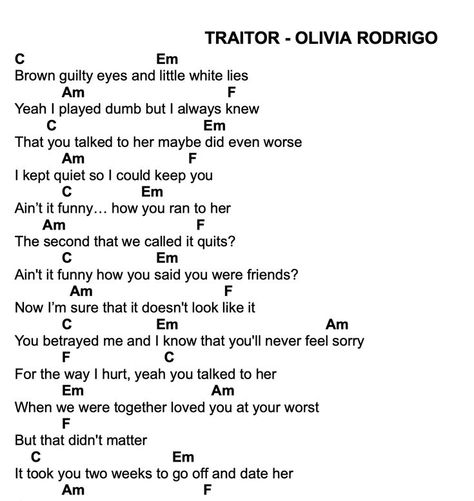 These are the chords for Olivia Rodrigo's "Traitor". *Clean Version for YL Club* SIMPLY HIT “VISIT” to see on Google sheets! Songs Olivia Rodrigo, Easy Guitar Songs Chords, Piano Songs Chords, Ukelele Chords Ukulele Songs, Writing Songs Inspiration, Learn Guitar Songs, Piano Notes Songs, Ukulele Chords Songs, Uke Songs