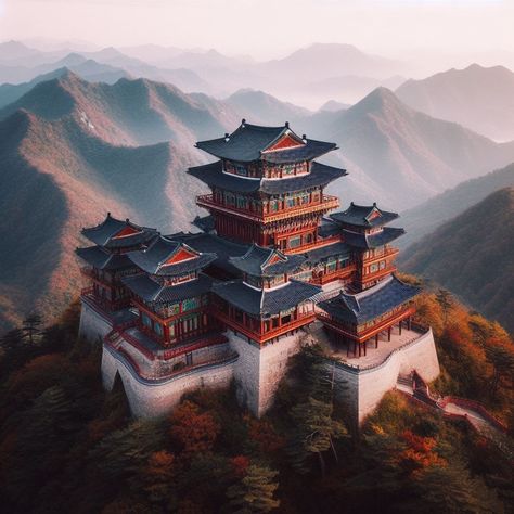 Korean Castle, Fantasy Kingdom, Fantasy Scenery, Fantasy Architecture, Asian Inspired, Art Background, Architecture House, Building A House, Beautiful Places