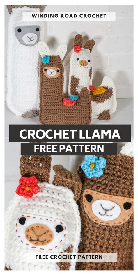 Learn to crochet an adorable llama with this free crochet pattern. You can use two sizes of yarn for two sizes of llamas. Cuddler Crochet Pattern Free, Crochet Flat Animals, Crochet Cuddler Free Pattern, Crochet Ragdoll Free Pattern, Crochet Llama Pattern, Crochet Ragdoll, Crochet Cushion Covers, Crochet Llama, Winding Road Crochet