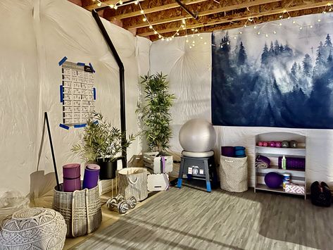 See how I transformed a basement into a gym /yoga space Garage Meditation Space, Yoga Space In Basement, Yoga And Workout Room, Home Yoga Studio Ideas Basement, Home Yoga Studio Ideas Gym Design, Garage Yoga Studio Conversion, Yoga Garage Studio, Basement Yoga Room, Boho Gym Decor