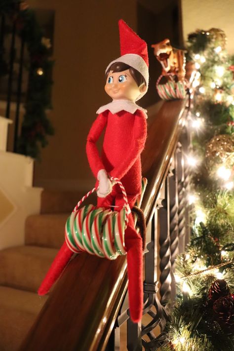 Elf On Candy Cane Sled, Candy Cane Sleigh Elf On The Shelf, Candy Cane Sled Elf On The Shelf, Elf Sleigh Ideas, Candy Cane Elf Ideas, Elf On The Shelf Sleigh Ideas, Elf Ideas With Candy Canes, Elf On The Shelf Candy Cane, Candy Cane Elf On The Shelf Ideas