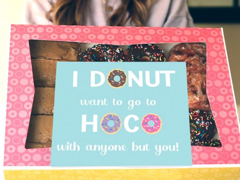 "Got asked to homecoming, but aren't sure how to answer? All you need is a box of donuts and this printable to say yes & tell them how excited you are to go to homecoming with them!  This digital printable includes the 8.5\" x 11\" donut printable for the front (in both vertical and horizontal orientation) and a matching Yes! to tape on the inside lid of the box. I started making Promposal Printables because I was tired of frustrating handwritten posters; late-night trips to the store to buy the Asking To Homecoming, Prom Poster, Box Of Donuts, Prom Invites, Formal Proposals, Donut Printable, Promposal Ideas, School Dance Ideas, Prom Posters