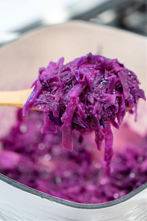 Sauteed red cabbage on stove is so easy to do in a Dutch Oven! Buttered and a wonderful vegetable side dish, it goes with anything for dinner. Cooking Purple Cabbage, Fried Purple Cabbage Recipe, Purple Cabbage Recipe, Purple Cabbage Recipes, Sauteed Red Cabbage, Easy Cabbage Recipes, Cabbage Recipes Healthy, Purple Vegetables, Buttered Cabbage