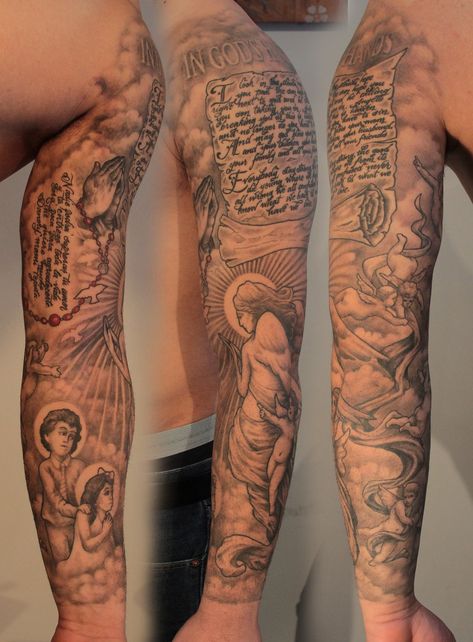 Religious Tattoo Sleeves, Angel Sleeve Tattoo, Tato Flash, Full Sleeve Tattoo Design, Tattoo Inspiration Men, Religious Tattoo, Angel Tattoo Designs, Religious Tattoos, Japanese Sleeve Tattoos