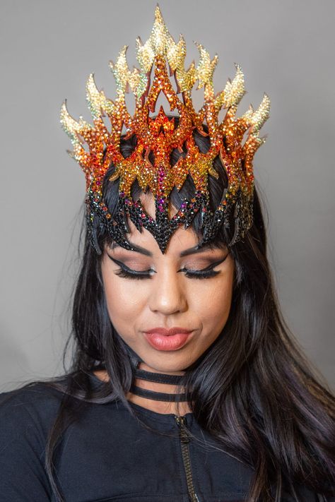 Goddess Of Fire Costume, Fire Crown Diy, Fire Goddess Costume, Fire Headdress, Fire Headpiece, Flame Crown, Lava Dress, Paper Headpiece, Fire Crown