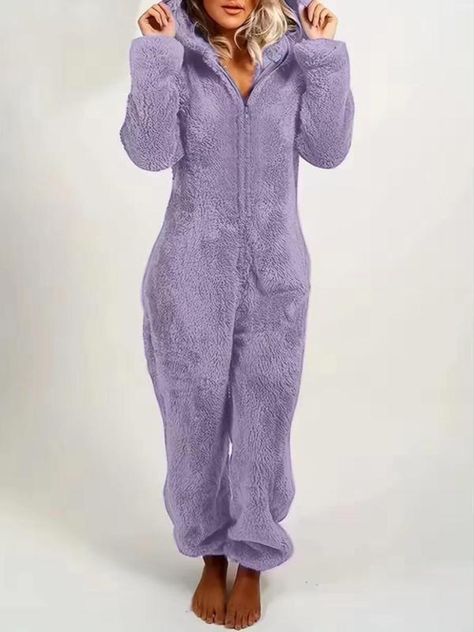 Women's Solid Zipper Hooded Plush Pajama Jumpsuit, Casual Long Sleeve Teddy Bear Ear Design Jumpsuit for Fall & Winter, Women's Sleepwear for Indoor Wear, Fluffy Pajamas Fluffy Pajamas, Pajama Jumpsuit, Jumpsuit Casual, Ear Design, Women's Sleepwear, Bear Ears, Sleepwear Women, Snug Fit, Fall Outfits