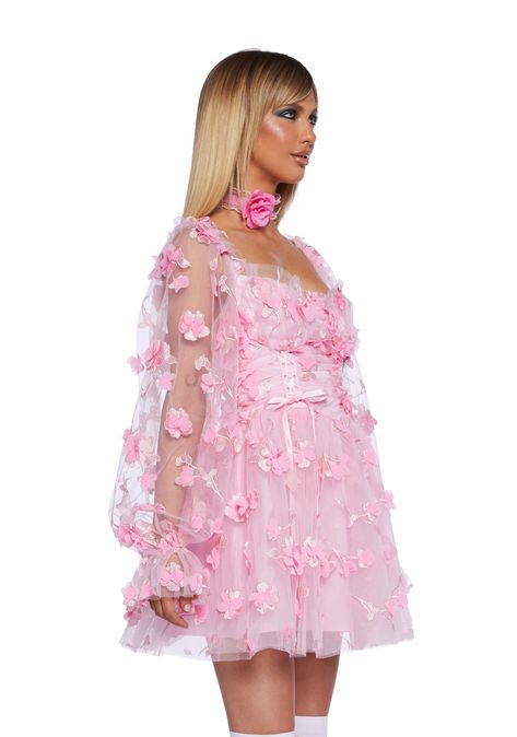 This dress comes in a tulle construction, with embroidered and 3D floral detailing, a ruffled trim, a boned bodice, sweetheart neckline, corset lacing, a shirred back, and a back zip closure. Fluffy Mini Dress, Pink Summer Dresses, Pink Baby Doll Dress, Pink Beaded Dress, Pink Babydoll Dress, Cute Pink Dress, Pink Princess Dress, Corset Lacing, Kiss Dress