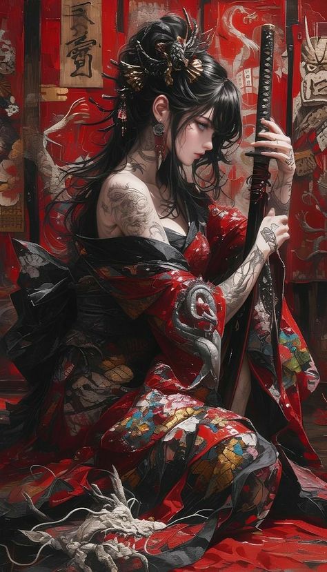 Art Geisha, Arte Pin Up, Female Samurai, Asian Wall Art, Anime Show, Geisha Art, Japanese Wall Art, Japanese Wall, Samurai Art