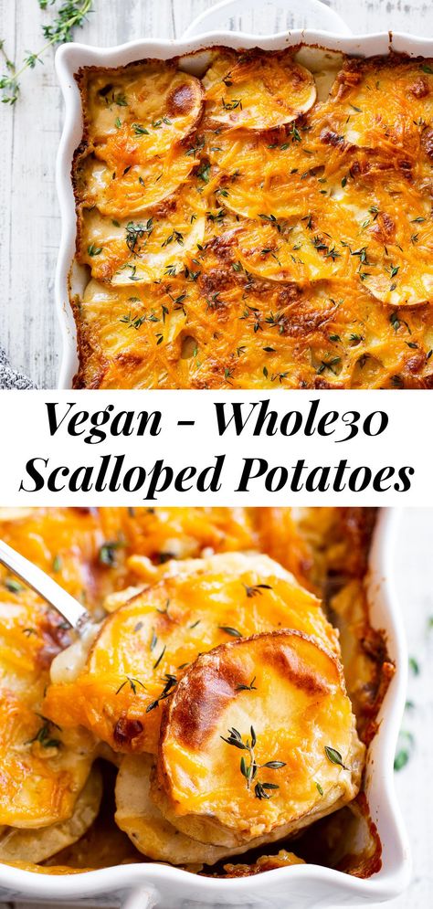 This healthier take on classic creamy, “cheesy” scalloped potatoes will become your new favorite side dish! Packed with garlic and fresh herbs, “buttery” flavor, a creamy dairy free sauce and optional vegan cheese, these scalloped potatoes are a dream! Paleo friendly with Whole30 and vegan options. #paleo #whole30 #potatoes #vegan #dairyfree Whole 30 Sides, Whole30 Potatoes, Whole30 Sides, Dairy Free Sauce, Paleo Easter, Vegan Scalloped Potatoes, Paleo Running Momma, Whole30 Meals, Dairy Free Sauces