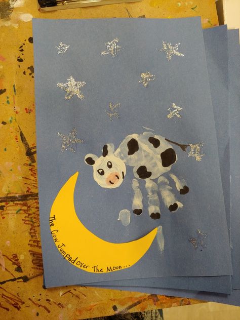 The Cow Jumped Over The Moon Craft, Bedtime Preschool Activities, Moon Footprint Craft, Nursery Rymes Crafts For Toddlers, Cow Jumped Over The Moon Craft, Mother Goose Crafts For Toddlers, Day And Night Crafts For Toddlers, Bedtime Crafts For Preschoolers, Nursery Rhyme Crafts For Infants