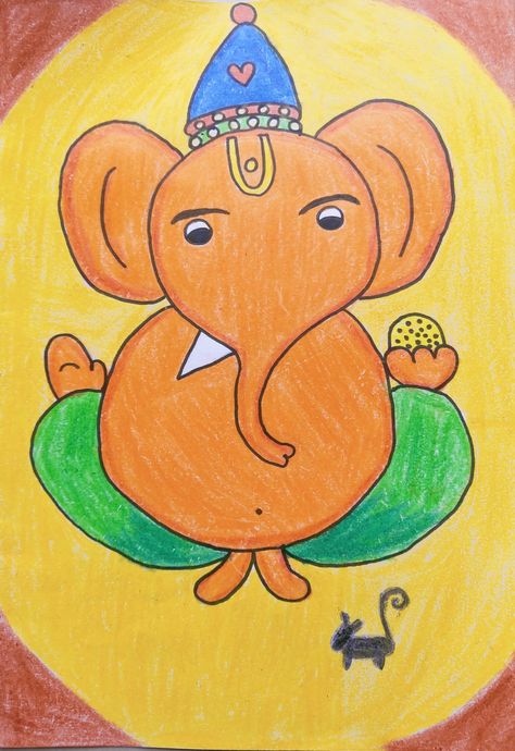 Easy Ganpati Drawing For Kids, Ganapati Drawing Easy, Ganesh Drawing For Kids, Ganpati Drawing For Kids, Festive Drawings, Ganpati Painting, Ganpati Drawing, Thumb Painting, Ganesh Painting