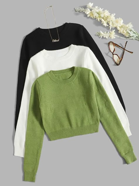 Get discounts for 3pcs Solid Round Neck Sweater and find more styles you'll enjoy.✓Students get an extra 15% off.✓Free Shipping on orders over CA$49+ Womens Basic Tops, Shein Outfits, Round Neck Sweater, Late Fall, Women Sweaters, Round Neck Sweaters, Women Sweater, Really Cute Outfits, Knitwear Women