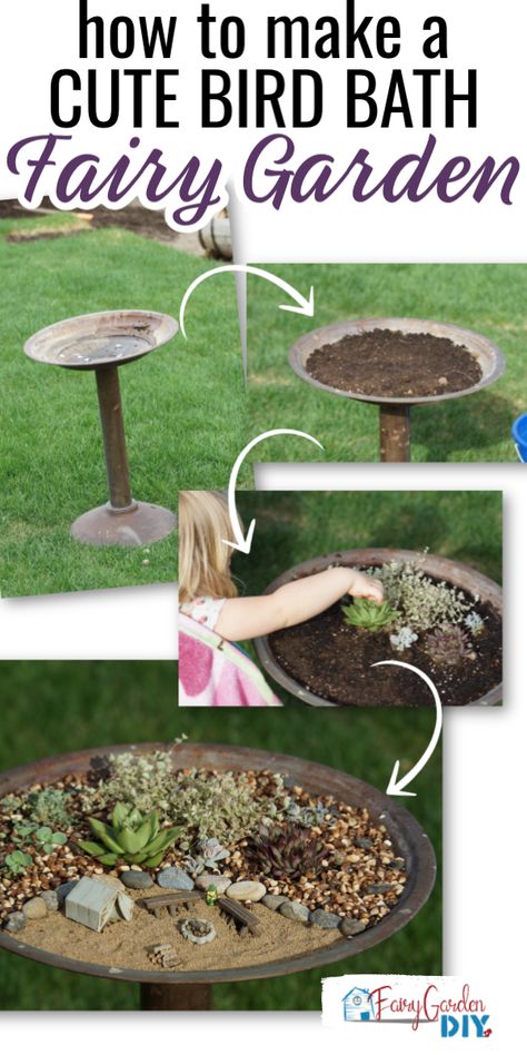 DIY fairy garden in an old bird bath - so cute! Easy succulent fairy garden. #miniaturegarden #succulents Birdbath Fairy Garden, Garden Tutorials, Fairy Garden Bird Bath, Miniature Fairy Garden Diy, Miniature Garden Design, Garden Crafts For Kids, Fairy Garden Containers, Fairy Garden Ideas, Diy Bird Bath