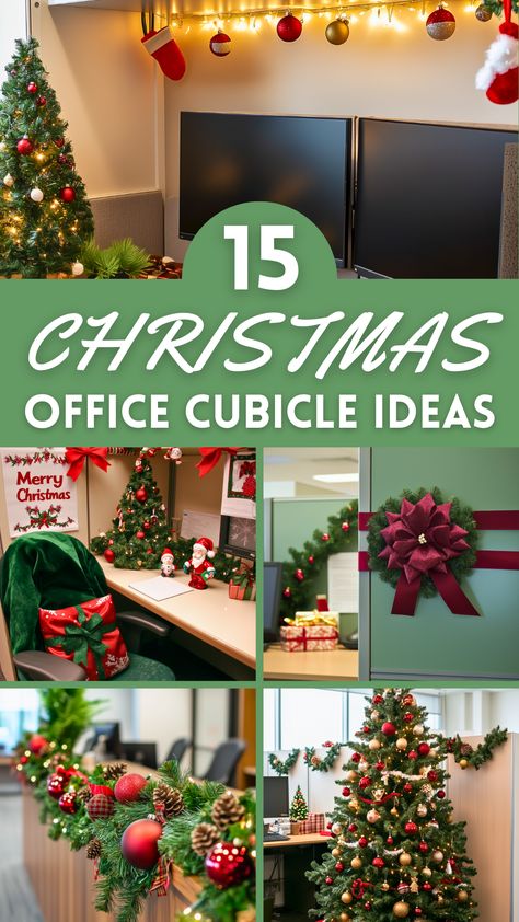 Bring holiday cheer to your workspace with 15 creative Christmas office decorations for cubicles! From simple ideas like red and green garlands to cozy themes like gingerbread houses and faux fireplaces, these decorations are perfect for making your desk festive. Create a Winter Wonderland with snowflakes or surprise everyone with a candy-inspired cubicle. These holiday office decorations are easy to set up and sure to impress! Front Desk Christmas Decorations Office, Christmas Cubicle Decor, Cubicle Decor Ideas, Faux Fireplaces, Christmas Cubicle, Office Cubicles, Work Cubicle, Chic Christmas Decor, Green Garland