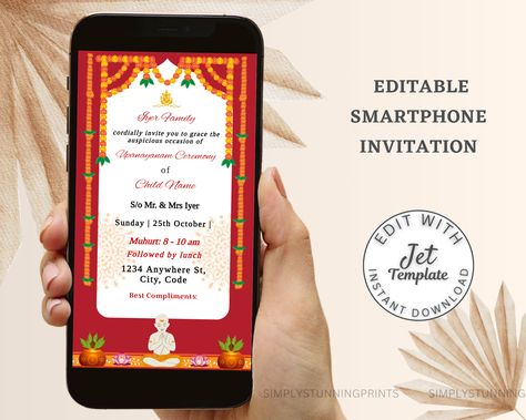 Upanayanam Ceremony Invitation | Tread Ceremony Invitation | Upanayana Sanskar Invite | Janoi Invite | DIGITAL MOBILE INVITE by SimplyStunningPrints on Etsy Sathyanarayana Pooja Invitation Card, Satyanarayana Pooja Invitation Card, Satyanarayan Invitation Card, Ganpati Satyanarayan Pooja Invitation, Upnayan Sanskar Invitation Card, Thread Ceremony, Ceremony Invitation, Traditional Indian, Save Time