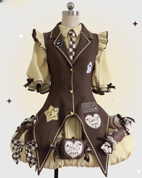 🎃 Trick or treat! This super cute witch Lolita outfit features a dress with removable bowknots and candies, plus a stylish waistcoat. You can purchase the complete set by searching for "RCB-081" on devilinspired.com for just $121.25. To complete your look, add a matching witch hat by searching for "RCB-084" for an additional $28.00! #witchlolita #DevilInspired #HalloweenFashion #lolitafashion #lolitaoutfit Stylish Waistcoats, Clothing Aesthetics, Steampunk Dolls, Kawaii Outfit Ideas, Character Prompts, Clothing Reference, Random Fashion, Lolita Outfits, Witch Outfit