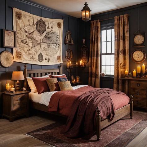 22 Spellbinding Harry Potter-Themed Bedroom Ideas for Every Wizard and Witch Moody Harry Potter Bedroom, Harry Potter Bedroom Ideas For Boys, Harry Potter Home Aesthetic, Hogwarts Room Ideas, Hogwarts Themed Bedroom, Adult Harry Potter Bedroom, Witch Bedroom Aesthetic, Harry Potter Bedroom Aesthetic, Gryffindor Bedroom