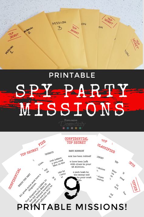 Spy Missions: 9 Printable Missions ⋆ Exploring Domesticity Spy Day At School, Spy Kids Party, Spy Camp, Spy Names, Mission Impossible Theme, Spy School, Secret Agent Party, 007 Casino Royale, Spy Birthday Parties