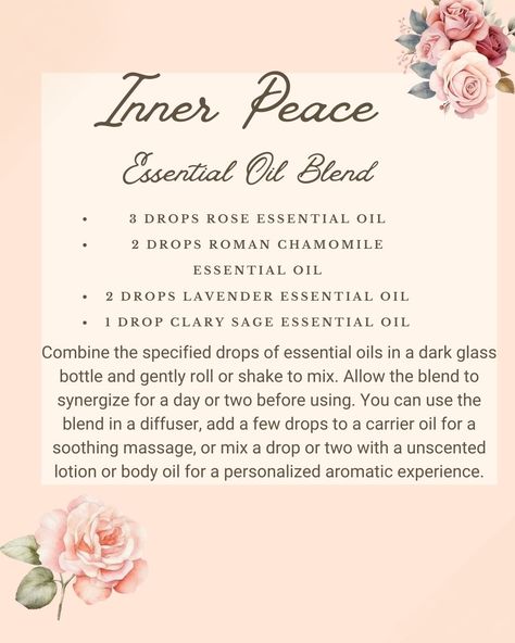 Inner Peace Essential Oil Blend-Here's another beautiful aromatherapy blend that captures the essence of Rose. Enjoy! #aromatherapy #essentialoils #essentialoils101 #scents #holistic #massagetherapy #yogalove #massage #holisticmama #diyaromatherapy #diyessentialoils #essentialoilrecipes #essentialoilremedies #essentialoilrevolution #essentialoils101 #essentialoilsrock #essentialoilbenefits #essentialoils #roseoil #lavenderoil #clarysage #romanchamomile 🌹 Feminine Essential Oil Blends, Rose Essential Oil Blends, Spiritual Essentials, Oil Fragrances, Perfume Blends, Roman Chamomile Essential Oil, Roller Bottle Recipes, Floral Essential Oils, Essential Oils 101