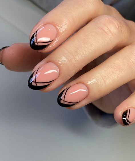 black-french-tip-nails-27-1 French Tip Nail Designs Almond Shape, Clear Black And Silver Nails, Black On Black Nails French, Cute February Nails Black, Pink And Black French Manicure, Elegant Black French Tip Nails, Black And Gold French Manicure, Black French Manicure Ideas, Unique Black French Tip Nails