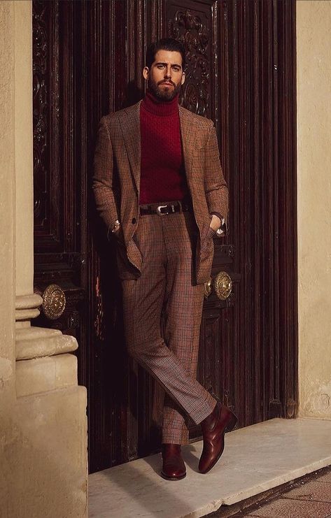 Turtleneck Outfit Men Blazers, Red Turtleneck Outfit Men, Red And Brown Outfit, Red Turtleneck Outfit, Turtleneck Outfit Men, Turtleneck And Blazer, Camel Pants, Turtleneck Outfit, Man Blazer