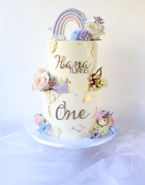 Two Tier Butterfly Cake, 2 Tier Butterfly Cake, Floral Theme Cake, Winter Onderland Birthday, Snack Tower, Woodland Fairy Birthday Party, Woodland Fairy Birthday, Bespoke Cakes, Bd Cake