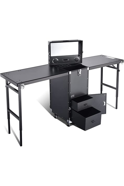 BYOOTIQUE 2 Tabletops Manicure Platform Portable Rolling Makeup Train Case Tattoo Station Table Nail Desk Workstation with 4 Drawers Mirror Speaker for Salon Travel, Black Dresser Styling, Tattoo Station, Rolling Makeup Case, Nail Desk, Makeup Station, Makeup Train Case, Makeup Training, Manicure Table, Nail Drill Machine