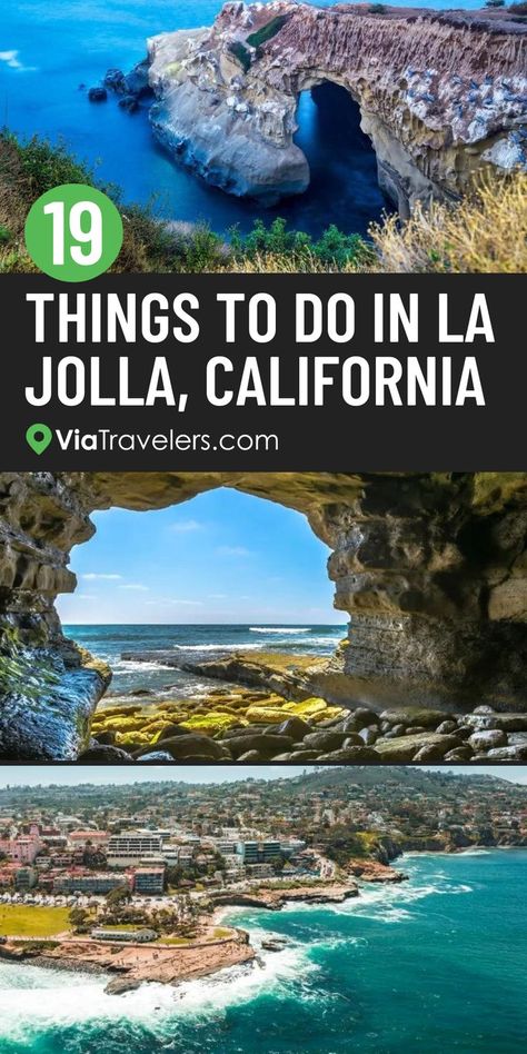 On the beautiful coastline in San Diego county, La Jolla, California is an oceanside community famous for its beach destinations! This amazing US travel destination has outdoor recreational activities, access to marine and wildlife, shopping, and more. Start planning your weekend itinerary to La Jolla, California with this travel guide. These activities like exploring sea caves are perfect for families or solo travelers. Get travel tips for visiting La Jolla, California, and more here. La Jolla Caves, Outdoor Recreational Activities, Things To Do In La, La Jolla San Diego, La Jolla Beach, La Jolla California, Beach Destinations, California Destinations, San Diego Travel