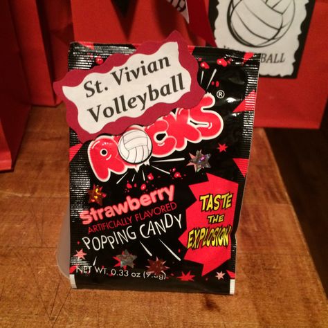 Volleyball candy..Pop Rocks! Made for my daughters volleyball team.. Added to the goodie bag also Volleyball Candy Ideas, Cute Volleyball Team Gifts, Volleyball Team Spirit Ideas, Volleyball Goodie Bags, Volleyball Team Gifts Diy Goodie Bags, Volleyball Awards Ideas, Volleyball Snack Ideas, Volleyball Goodie Bag Ideas, Volleyball Awards