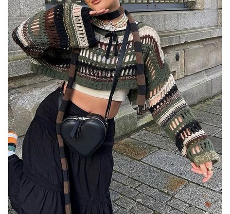 Oversized Sweater Grunge, Ripped Sweater, Striped Knitwear, Trendy Crop Tops, Pull Oversize, Cropped Knit Sweater, Crochet Shrug, Cropped Pullover, Sweater Crop