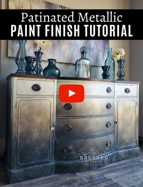 Blue And Silver Furniture, Metallic Chalk Paint Furniture, Aged Metal Diy Paint Finishes, Blending Furniture Paint, Dixie Belle Patina Painted Furniture, Brushed By Brandy Tutorials, Glaze Painted Furniture, Metallic Furniture Paint, Metallic Painted Furniture Diy