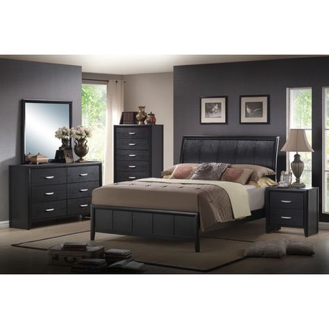 Idea Bilik Tidur, Modern Black Bedroom, Dark Wood Bedroom, Queen Sized Bedroom Sets, Dark Bedroom Furniture, Platform Bedroom, 5 Piece Bedroom Set, Modern Bed Set, Queen Sized Bedroom