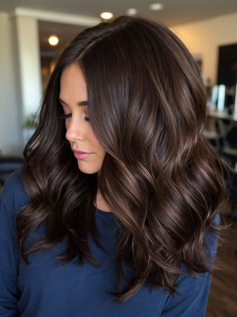 27 Stunning Dark Brunette Balayage Ideas to Transform Your Hair Winter Color For Brunettes, Deep Chocolate Brown Hair With Dimension, Medium Length Dark Hair With Layers, Fall Hair Color For Brunettes Short Shoulder Length, Cold Hair Color Ideas, All Over Hair Color Ideas For Brunettes, Brunette Reverse Balayage Hair, Subtle Dark Brown Balayage, Short Hair Balayage Brunette Dark Brown