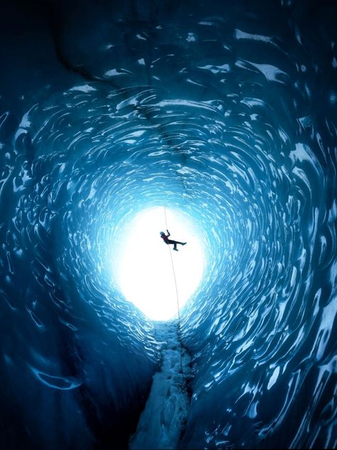 Inside of glacial caves by Ryan Newburn Iceland Glacier, Tunnel Vision, Ice Cave, Colossal Art, Simple Minds, Modern Crafts, Shadow Play, Yellow Painting, Abstract Oil