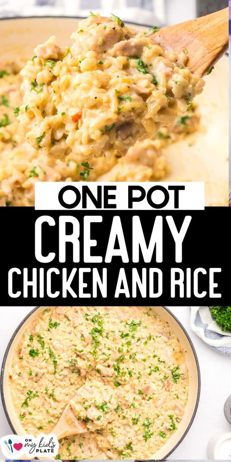 Chicken And Rice Minute Rice, One Pot Chicken Bake, Creamy Chicken One Pot Meals, Creamy Chicken Skillet Recipes, Creamy Chicken Recipes Oven, Chicken And Rice Protein Meals, Alfredo Chicken And Rice, Creative Chicken Dinners, Chicken And Rice Pot