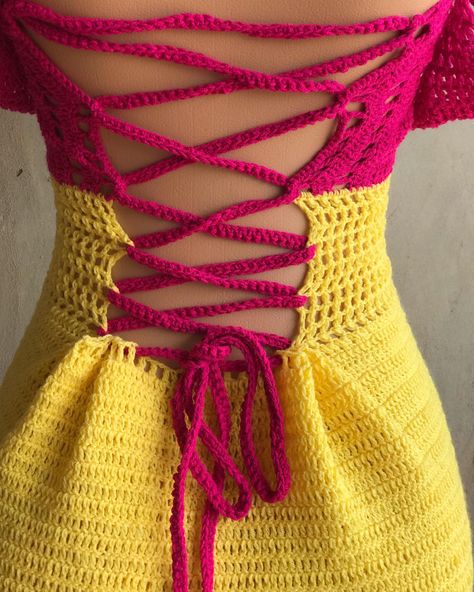 ˚˖𓍢ִ໋🌷͙֒✧˚.🎀༘⋆ "THE CANDY" Dress in Size M Colours: Citrus Yellow and Deep Pink Made with 100% acrylic yarn <3 DM TO ORDER Delivery Worldwide 🚚 #studiojuptr #corset #lacing #crochetdress #crochet Crochet Corset Dress, Corset Back Dress, Crochet Corset, Corset Lacing, Candy Dress, Deep Pink, Corset Dress, Crochet Dress, Acrylic Yarn