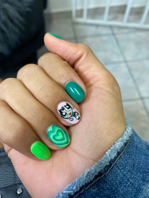 Buttercup Powerpuff Nails, Powerpuff Girl Nail Art, Powerpuff Girls Nail Art, Powerpuff Nails, Buttercup Nails, Nails Retro, Japan Nails, Japan Nail, Mani Nails