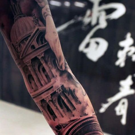 Angel Warrior Tattoo, Building Tattoo, Church Tattoo, Greek Buildings, Mangas Tattoo, Black White Tattoos, Full Sleeve Tattoo Design, Men Tattoos Arm Sleeve, Sketch Tattoo Design