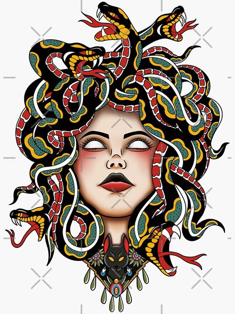 Traditional Style Medusa Tattoo, Old School Medusa Tattoo, Traditional Medusa Tattoo Design, Traditional Tattoo Medusa, Medusa Tattoo Color, American Traditional Medusa, Neo Traditional Medusa, American Traditional Medusa Tattoo, Medusa Art Drawing