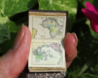 Miniature 1/12th scale atlas: Handmade leather miniature book of antique maps and cartography Miniature Map, Miniature Library, Cartography Map, Victorian Parlor, Finding A New Hobby, Miniature Book, Ancient Books, Mini Accessories, Book Arts