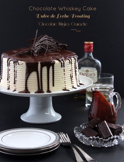 Layers of Whiskey Chocolate Cake, Whiskey Dulce de Leche Frosting and Whiskey Ganache. from #DietersDownfall Chocolate Whiskey Cake, Booze Cake, Whiskey Chocolate, Whiskey Cake, Boozy Desserts, Mousse Cake, Let Them Eat Cake, Yummy Cakes, Just Desserts