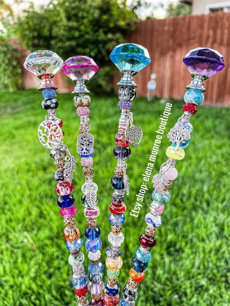 Garden Stakes Diy, Fairy Garden Stakes, Cross Garden, Beaded Fairy, Fairy Wands, Decorative Beads, Get Well Gifts, Beaded Cross, Beach Design