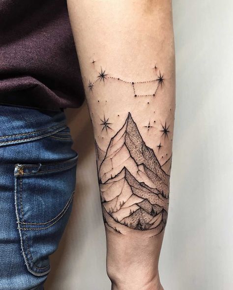 Mountains and Big Dipper constellation tattoo on the forearm by Sasha Kiseleva Sasha Tattoo, Big Dipper Tattoo, Dipper Tattoo, Orion Tattoo, Big Dipper Constellation, Dipper Constellation, Diy Tattoo Permanent, Constellation Tattoo, Sweet Tattoos