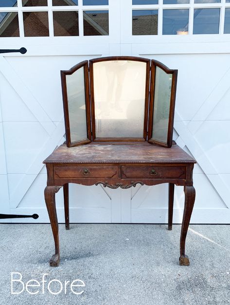 Mary's Antique Dressing Table Makeover | Confessions of a Serial Do-it-Yourselfer Painted Wooden Chairs, Distressing Furniture, Flip Furniture, Painted Bedroom, Restored Furniture, Furniture Painting Ideas, Outdoor Umbrella Stand, Kitchen Table Makeover, Mirror Makeover