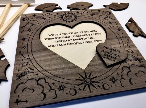 Our custom wood puzzles. Perfect for wedding Unity ceremonies and blended families. Choose from walnut, cherry or maple. Different sizes available and all come with an easel for display. We can engrave anything on these, totally custom! Check out our shop. Link in bio. Lunawoodworks.com or lunawoodworks.Etsy.com #unityceremony #unityceremonyideas #wedding #weddinginspiration #weddingideas #weddingdecor #weddingsigns #weddingsign #blendedfamily #blended #woodpuzzle #puzzle #customwoodsigns #ma... Blended Families, Unity Ceremony, Wedding Unity, Blended Family, Wood Puzzles, Custom Wood Signs, Custom Wood, Wedding Signs, Blending