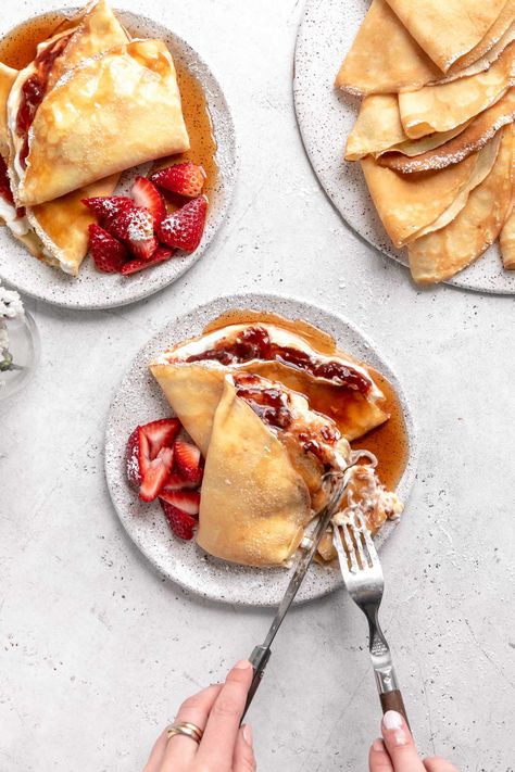 Strawberry Crepes - Broma Bakery Strawberry Crepes Recipe, Strawberry Crepes, Broma Bakery, Fruit Spread, Breakfast Photography, Ultimate Breakfast, Savory Crepes, Crepe Recipes, Strawberry Fruit