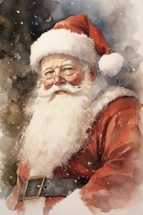 This enchanting artwork portrays a classic depiction of Santa Claus, an iconic figure synonymous with the festive season. With a gentle expression and sparkling eyes framed by round spectacles, he exudes warmth and kindness. Santa's prominent white beard flows luxuriantly, contrasting vividly with his crimson hat and suit. The suit is finely detailed, showing realistic creases, shadows, and the sturdy belt around his midsection. Santa Images, Santa Claus Portrait, Santa Clause, Pictures Of Santa Claus Christmas Art, Santa Claus Watercolor Paintings, Santa Claus Painting Christmas Art, Old World Santas Painted On Wood, Santa Claus Clipart, Victorian Santa