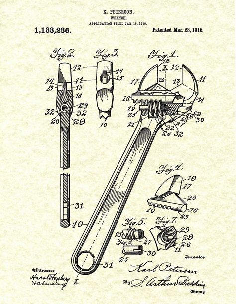 1915 Crescent Wrench invented by Karl Petersen. The United States Patent and Trademark office issued the patent on March 23, 1915. All patent print pages are restored and digitally enhanced to remove as many flaws as possible while maintaining the integrity of the original document. My patent prints are printed on archival heavyweight matte paper using Epson Ultrachrome K3 pigmented inks that will last over 100 years. Select size and color from the drop down menus. Feel free to contact me for a Illustrative Posters, Mechanic Decorations, Crescent Wrench, Dapper Outfit, Patent Art Prints, Mechanic Gifts, Engineer Prints, Blue Prints, Patent Drawing